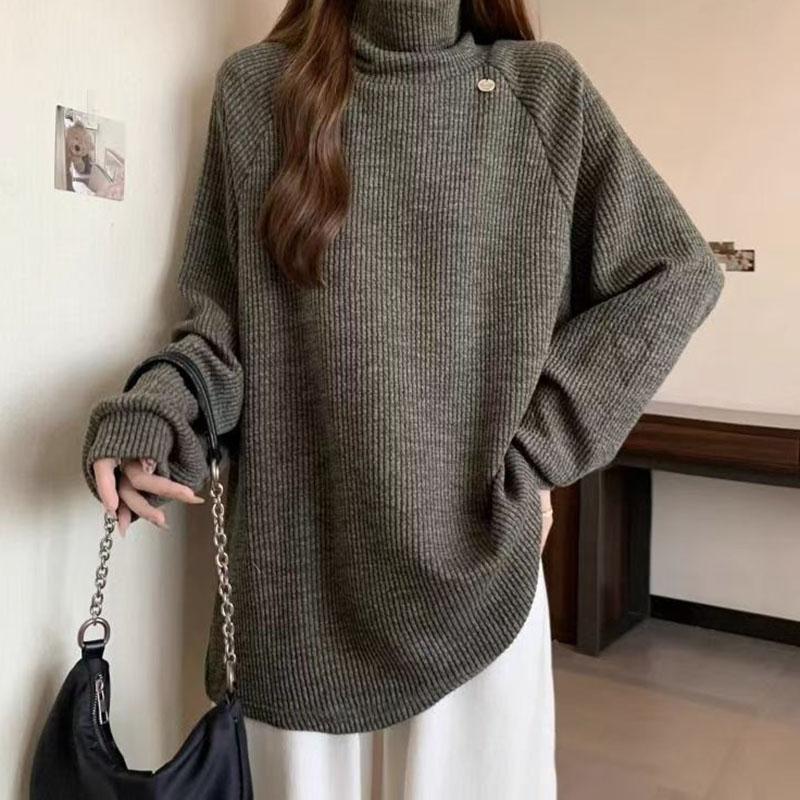 Pullovers Women Long Sleeves Autumn Winter Cotton Blouse Oversized Comfortable Stretch  Solid Color Half-high Neck Loose Tops
