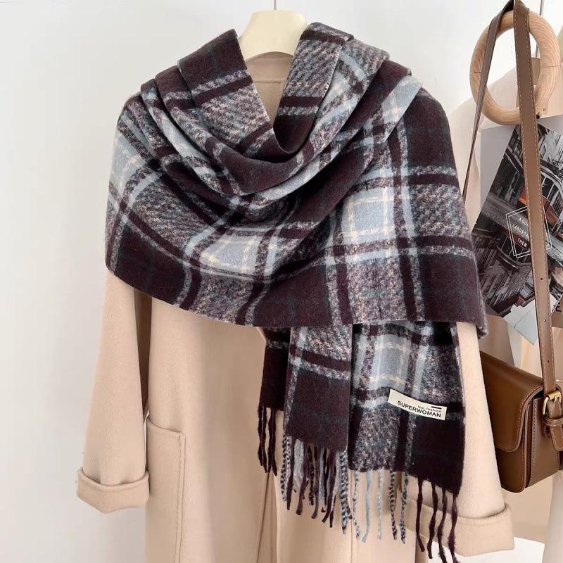 Plaid Korean Style Scarf 2025: Imitation Cashmere, Tassel Shawl for Autumn/Winter, Warm Thick Neck Warmer for Couples