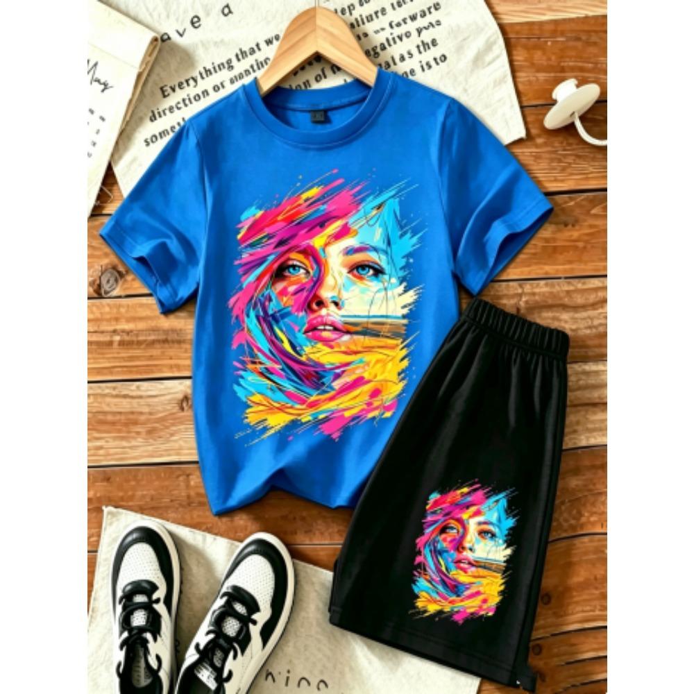 Women's Graffiti Printed Outdoor Street 15 Colors Women's T-shirt and Shorts 2 Piece Set Summer Home Casual Outfit Men's and Women's Sports Set