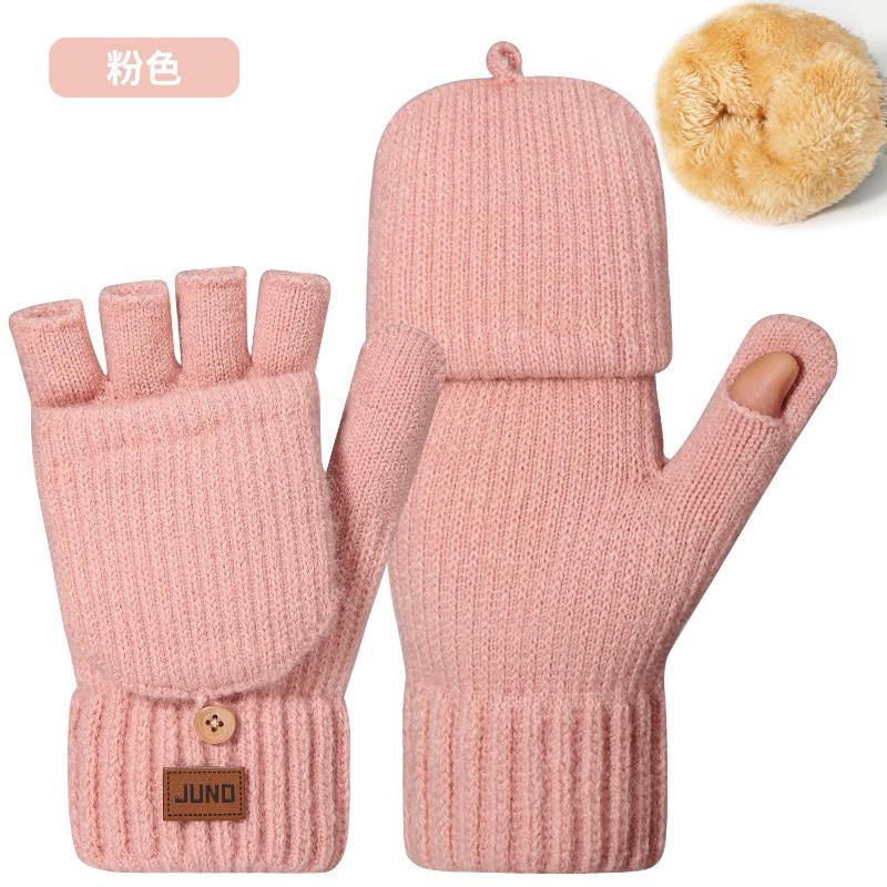 Thickened Women's Leaking Finger Gloves Autumn and Winter Double-layer Velvet Knitted Cold-proof Warm Writing Covered Half-finger Gloves