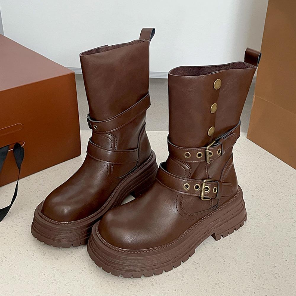 Brown Retro Thick Heel Thick Soled Boots For Women Spring Autumn New Style Slimming And Height Increasing Mid Rise Boots Womens