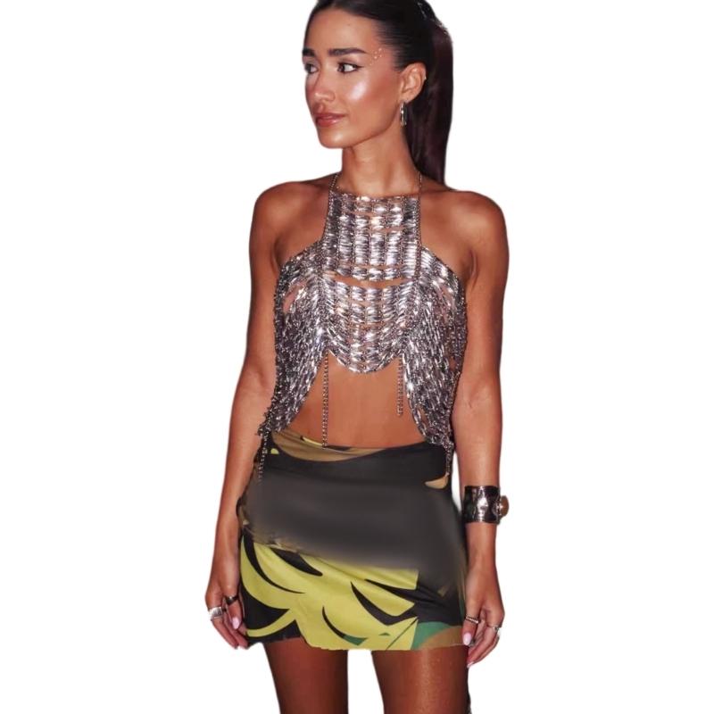 

Элегантное прозрачное хрустальное колье-чокер с цепочками из драгоценных камней для женщин. Идеально для вечеринок и вечерних мероприятий. 1