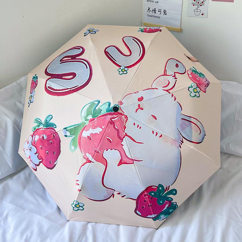 Instagram Style Sun Umbrella For Both Rain And Sunshine, Strawberry Rabbit Women'S Uv Resistant Fully Automatic Triple Fold Umbr