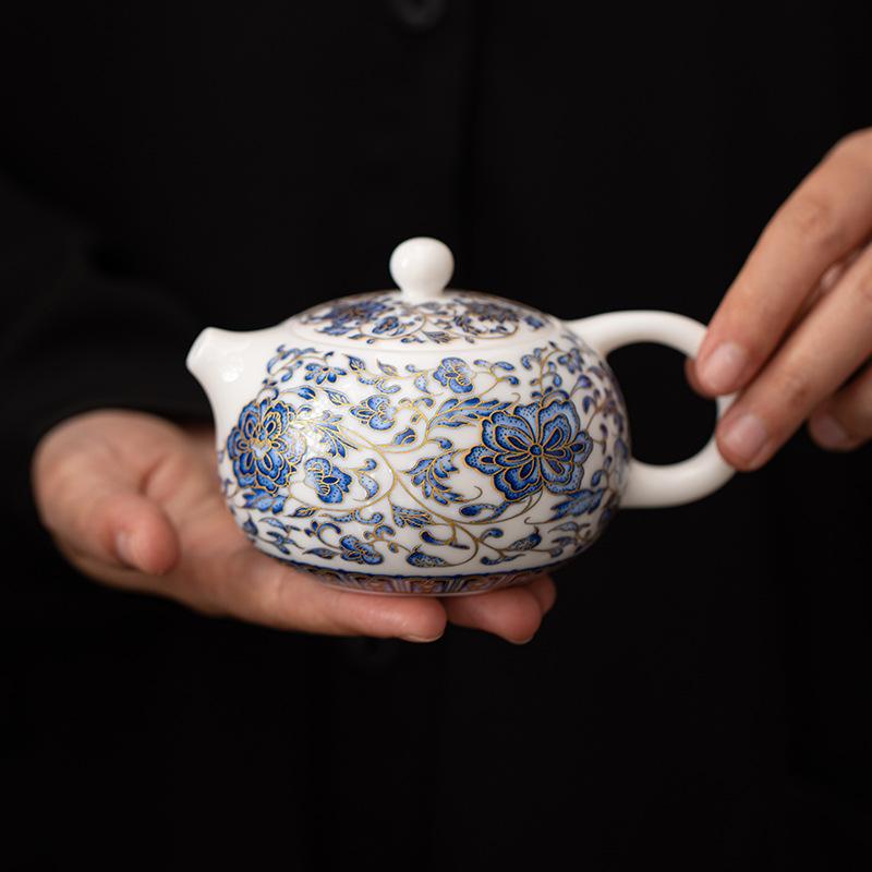 

Чайник Сиши из нефрита цвета бараньего жира в стиле легкой роскоши для заваривания чая, одинарный чайник, одинарный высококачественный бытовой жаропрочный керамический чайный сервиз кунг-фу с полным цветочным рисунком