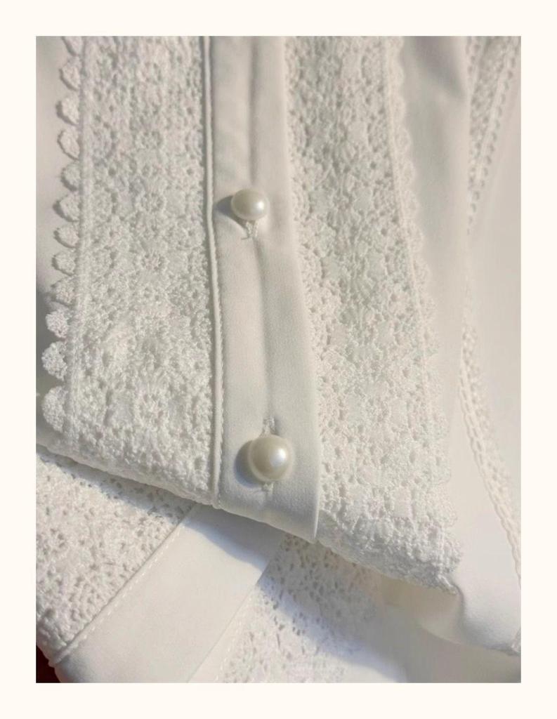 Women's White Lace Patchwork Stand-Up Collar Lantern Sleeve Blouse - Stylish Autumn 2025 Inner Wear