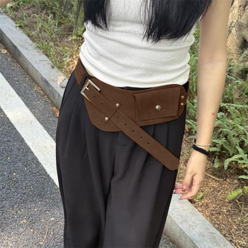 Riñonera Coreana, Riñonera Retro de Gamuza Marrón con Correa Ajustable y Bolsillos, Bolso de Falda Y2k para Chicas, Riñonera Vintage para Mujer con Correa Ancha