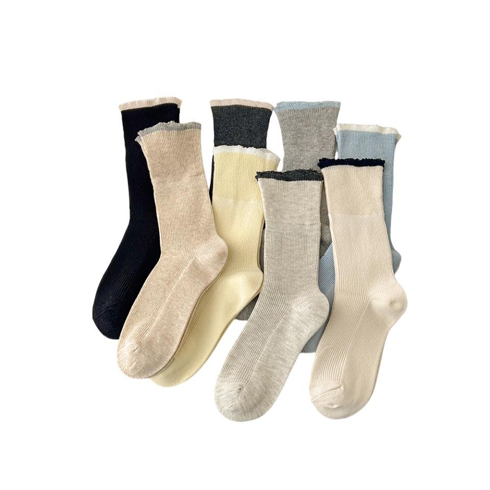 Spring and Summer Thin Lace Pile Socks, Color-blocking Mid-calf Socks, Versatile Flanged Socks, Women's Cotton Socks