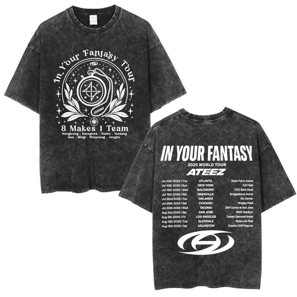 Ateez 2025 World Tour in Your Fantasy Tour Cherry Vintage Washed T Shirt Korean Kpop Fashion T-shirt Men's Women Cotton T-shirts