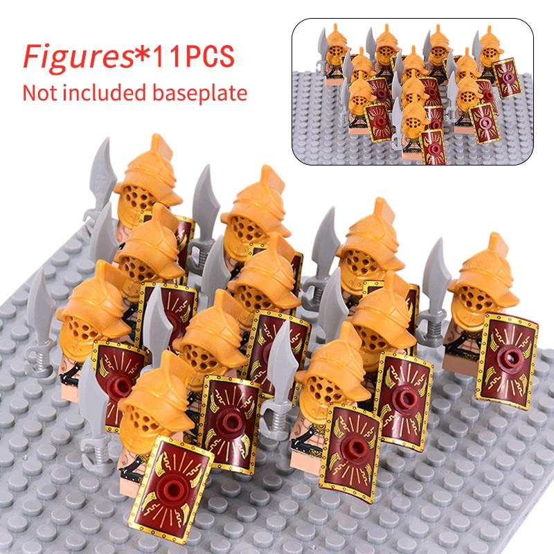 11 Silver Gray Knight Figures w Yel Edge Helm Swords Red Cross Shields White Cloaks No Baseplate