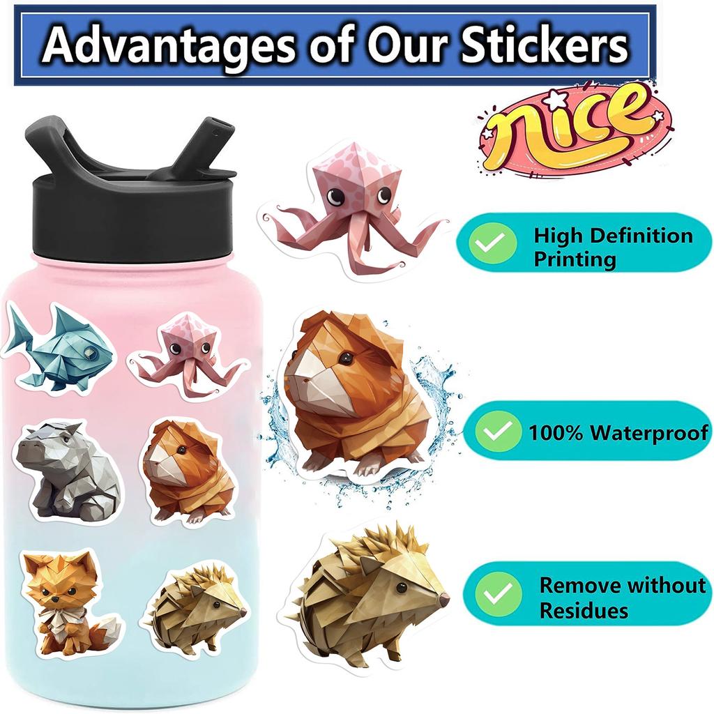 50 Cartoon Origami Animal Graffiti Stickers Guitar Notebook Suitcase DIY Waterproof Stickers