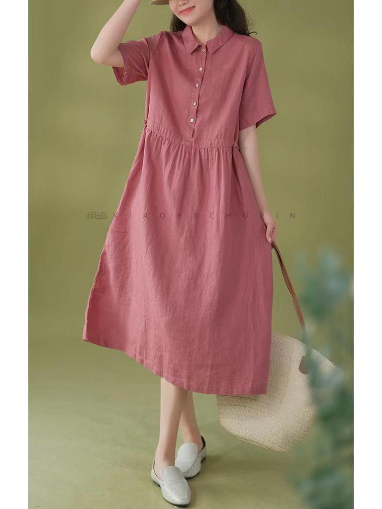 Korean Style Cotton Linen Retro Long Dress for Women, Spring/Summer 2026 Collection, Short Sleeve with Shirt Collar