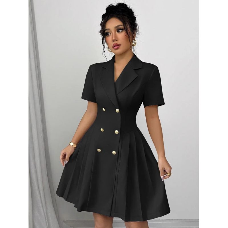 and American Plus size Temperament Work Commute Short dress Summer New Solid Short sleeve Waist Hugging Double Breasted One piece Dress Women clothing