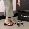 Beautiful temperament cool slippers women's summer wear new popular rhinestone open-toed sandals thick heel one-word drag