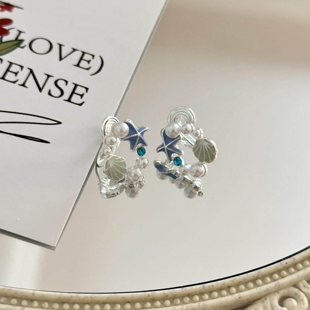 Starfish Seashell Pearl Earrings Clip-On, No Piercing Needed, Unique Design for Women