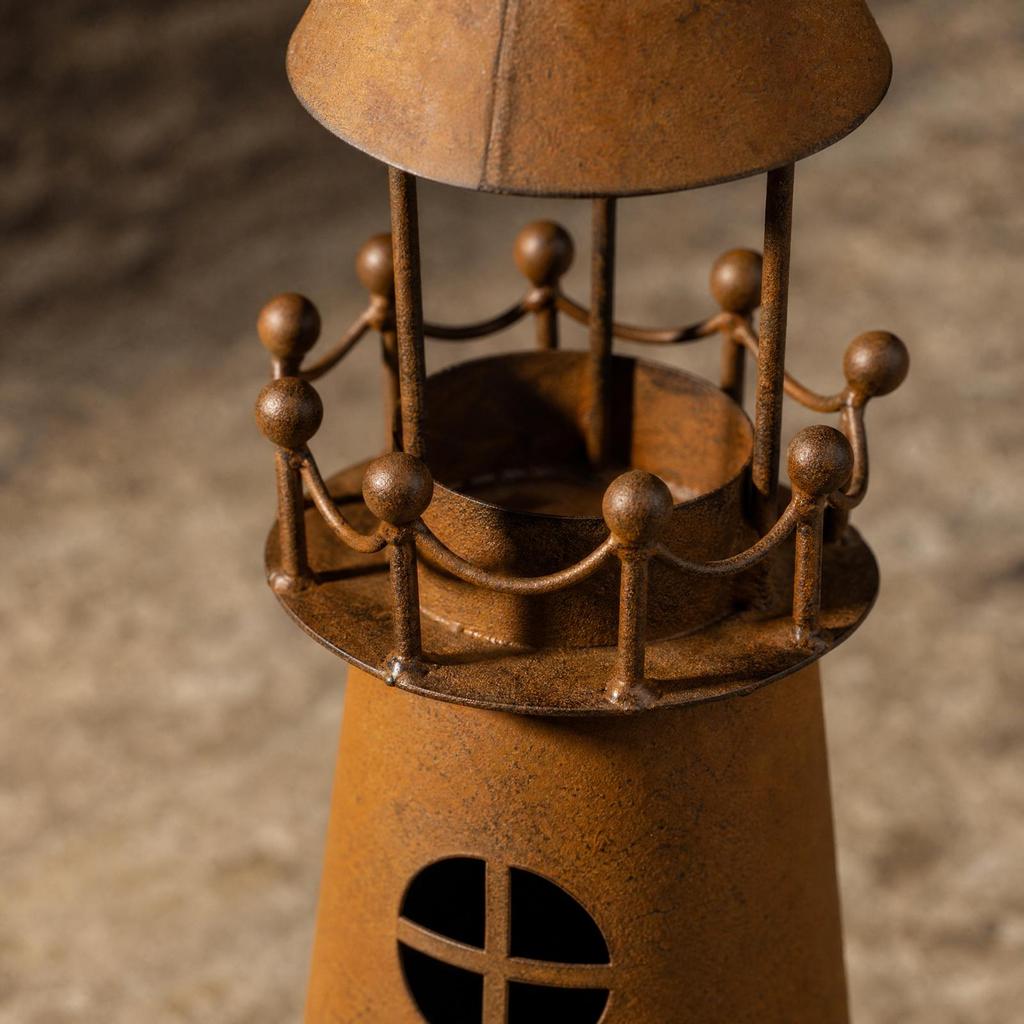 Metal Lighthouse Candle Holder with Rusted Finish Rustic for Mantel, Entryway