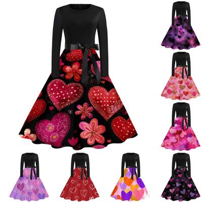 Women's Casual Fashion Round Neck Valentine's Day Printed Retro Dress