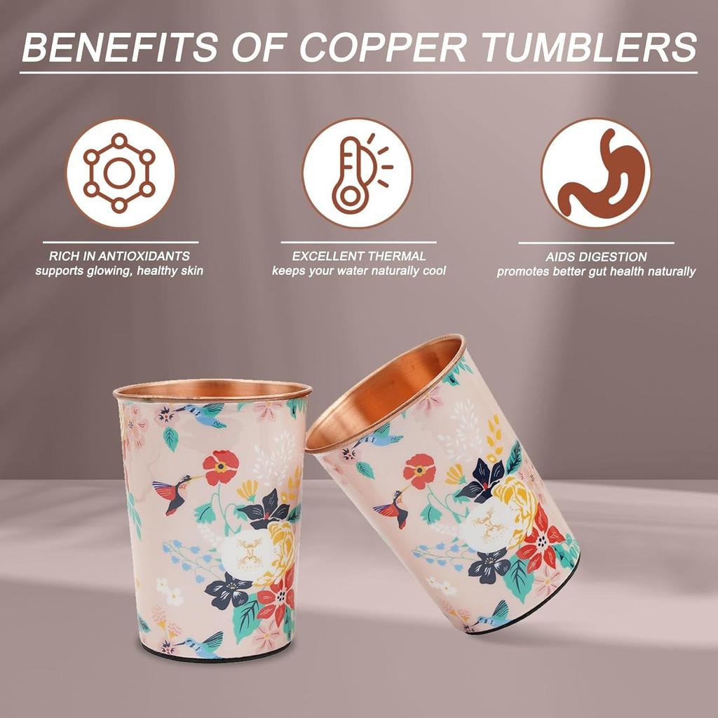 India Copper Premium Pink Gold Leaf Design Set of Two Glass with Elegant Gift Box, 250 MLPure Copper Glasses Set of 2 | Designer Meena Print