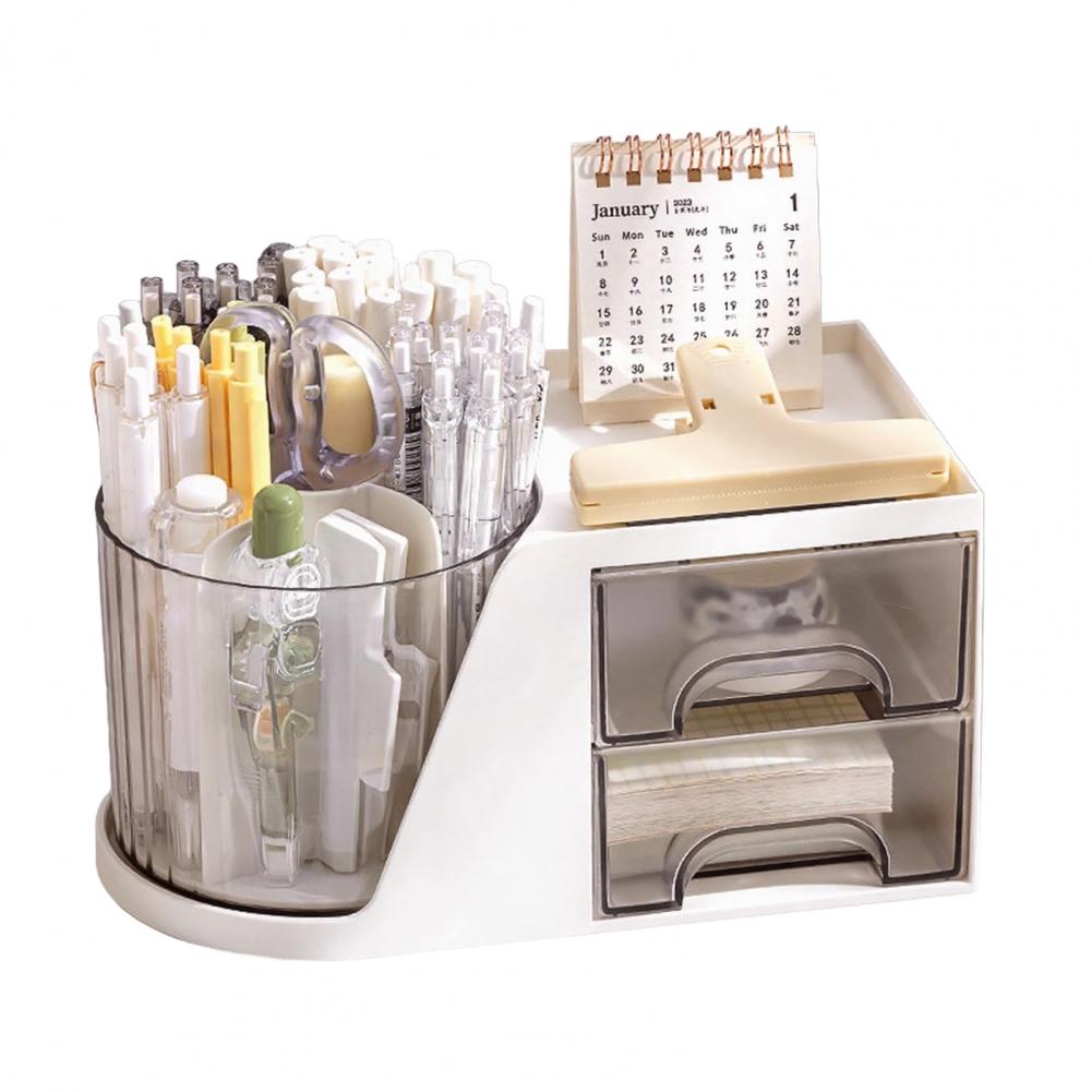 Storage Rack Swivel Pencil Holder 360 Degree Rotating Desk Organizer with 4 Compartments Drawers Plastic Stationery Organizer