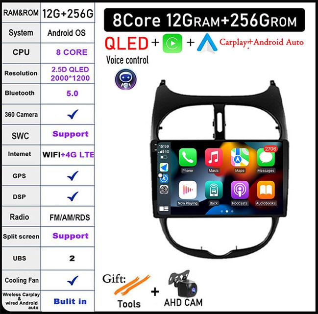 9'' For Peugeot 206 2001 - 2016 Screen/QLED Android 14 Car Radio Multimedia Video Player Navigation GPS 4GLTE 5G WIFI