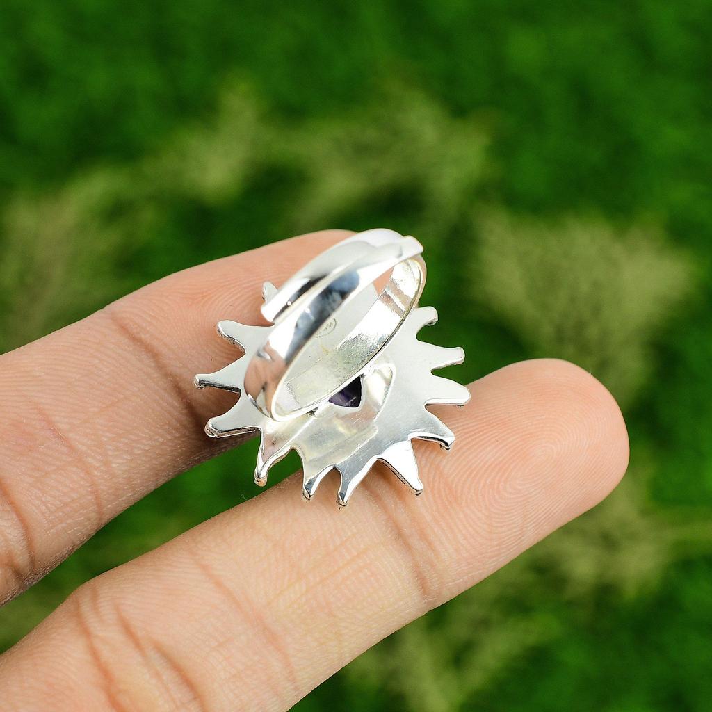 Natural Russian Charoite Gemstone Stackable Flower Adjustable Ring 925 Silver