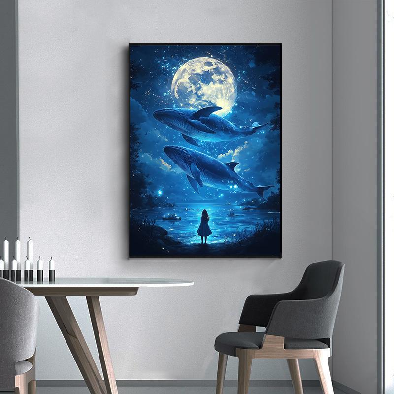 Dreamy Whale Posters Magical Serene Night Surreal Surrounded By Stars Prints Canvas Painting Art Wall Pictures Home Room Decor