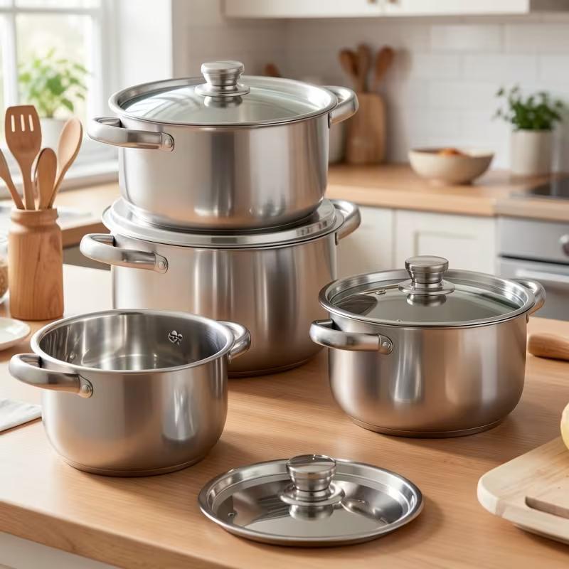 4-piece Stainless Steel Cookware Set, Comprising 4 Pans and 4 Lids, Suitable for All Hobs, Versatile Soup Pots, Ideal for Kitchen Use Less