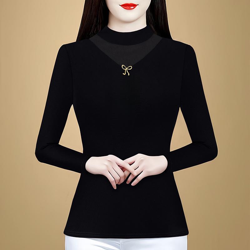 

Chic Autumn/Winter Slim-Fit Top: Warm, Semi-High Collar with Bow Accent XL