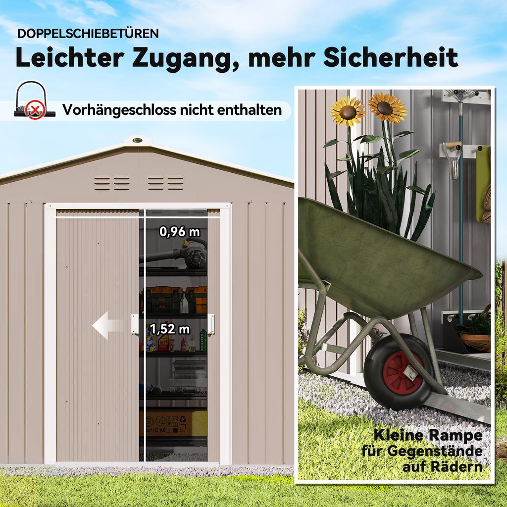 Capanno per attrezzi in metallo con porte scorrevoli e finestre di ventilazione, 277 x 195 x 192 cm, Grigio chiaro
