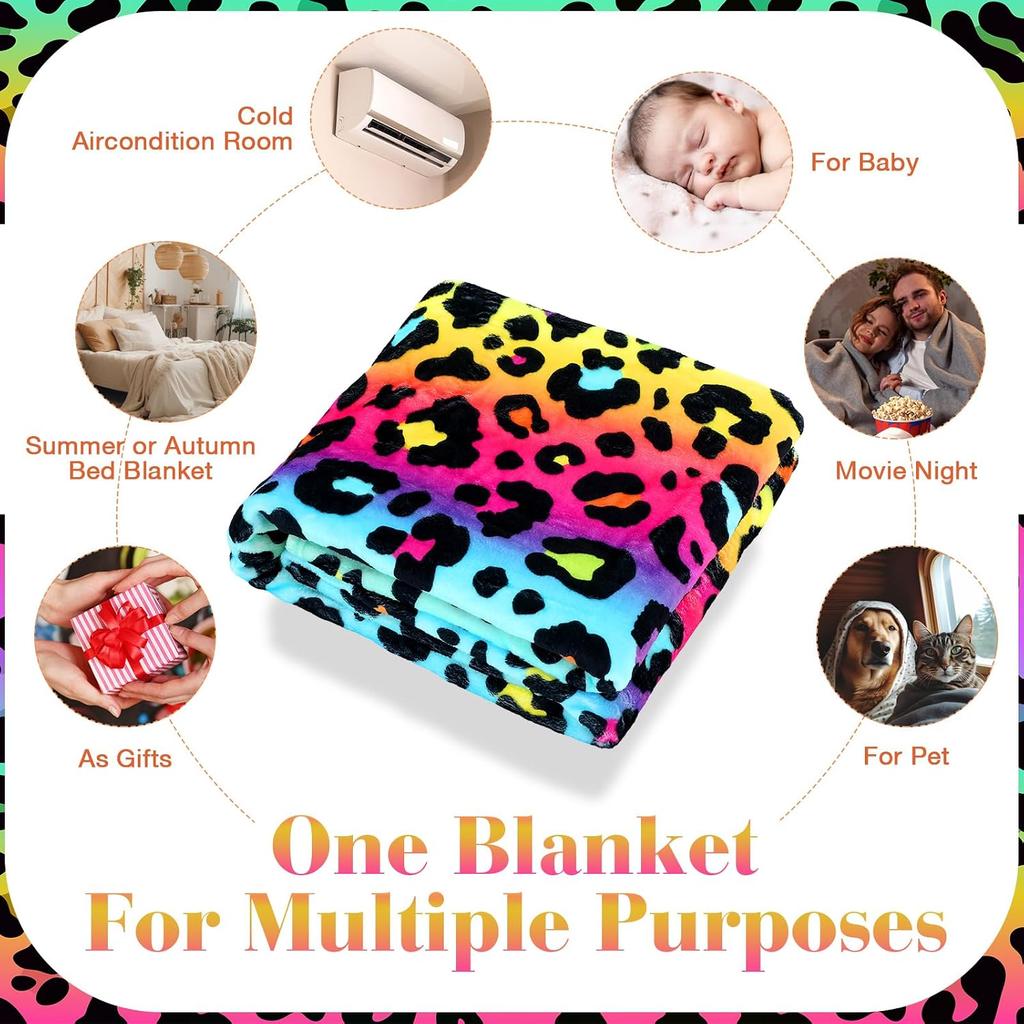Colorful Rainbow Leopard Print Flannel Throw Blanket Soft Cozy Warm Blanket for Bed Couch Sofa All Season Home Decor