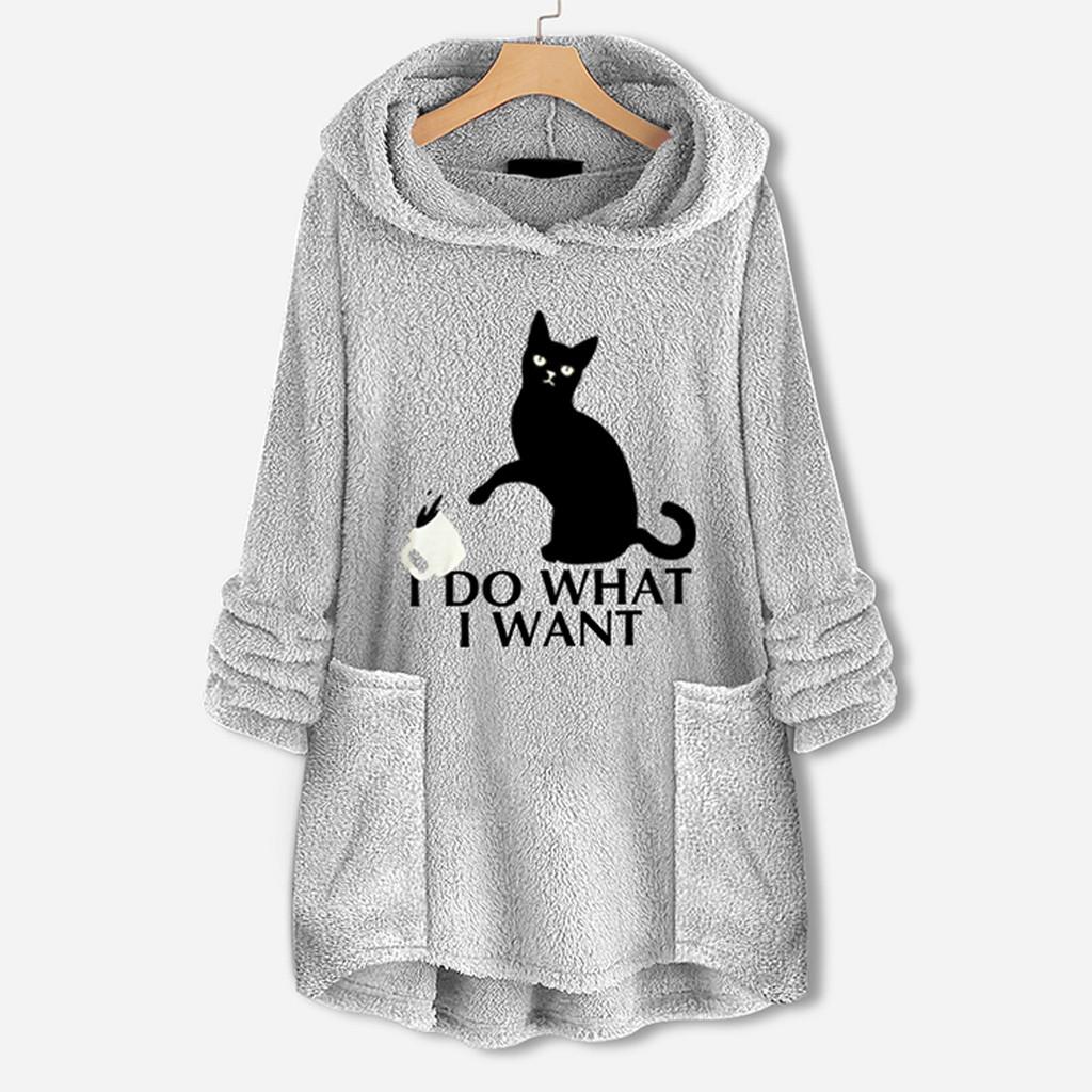 Women Fleece Embroidery Cat Ear Plus Size Hoodie Pocket Top Sweater Blouse