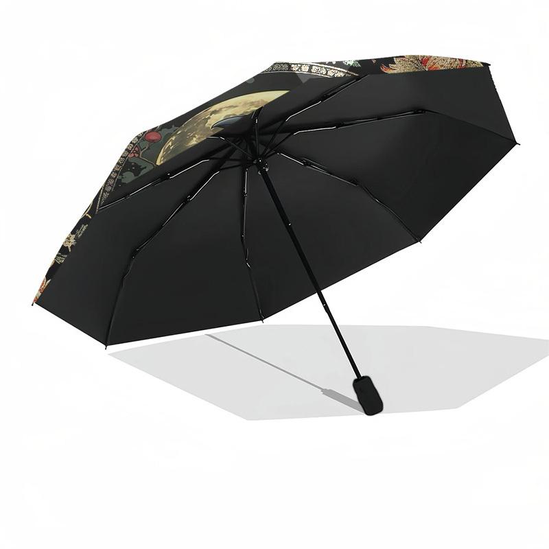 Moon RavenThemed Automatic Opening and Closing Umbrella 8 Ribs, Suitable for Leisure and Going Out, Outdoor Accessory, Gothic Style, Fashi