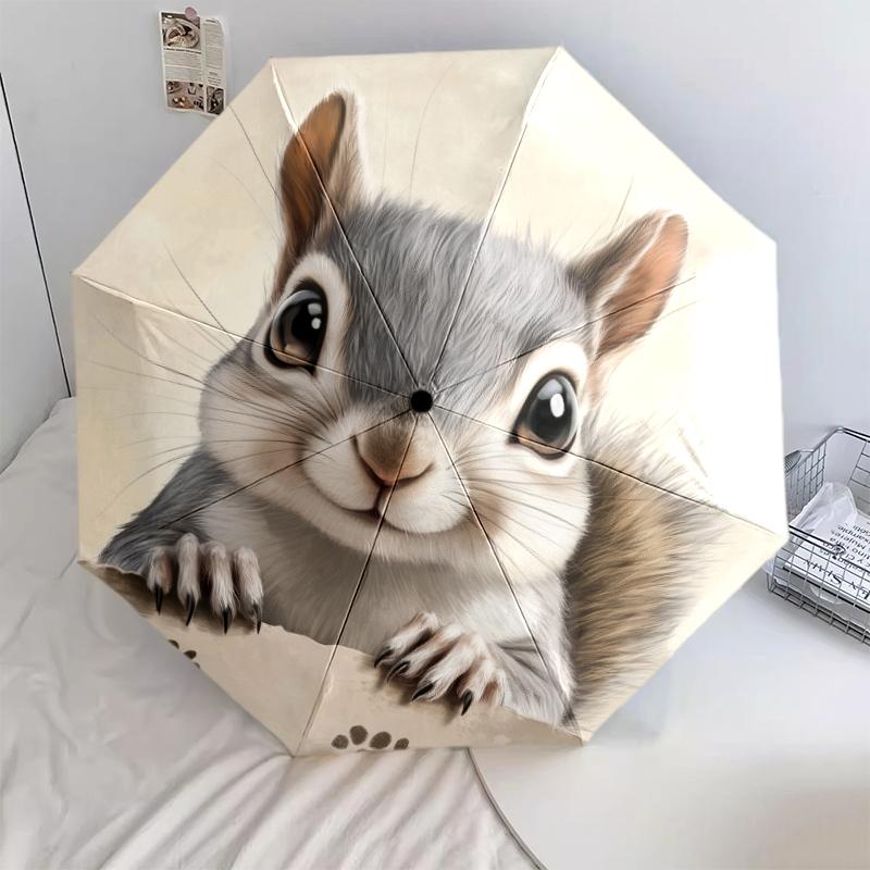 Cute Squirrel pattern, automatic folding umbrella, portable and foldable design, 8 ribs, a Christmas or birthday gift.