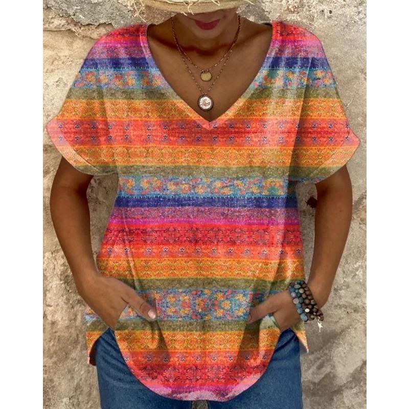 Colorful Floral Pattern Women's T-shirt Summer Outdoor Casual V-neck Short-sleeved Top OverSize Women's Clothing