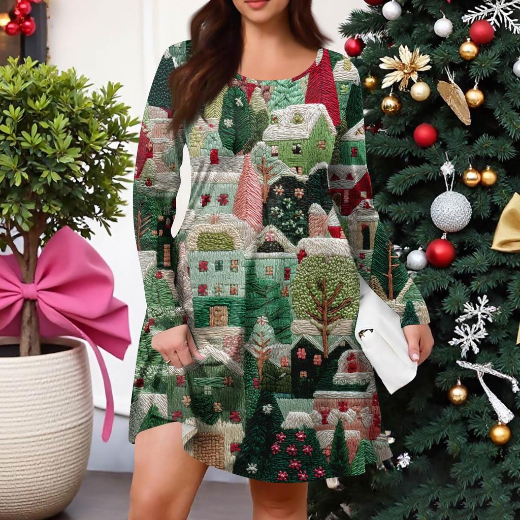 Plus Size Women's Gradient Print Casual Spring/Autumn Pocket Round Neck Long Sleeve Dress