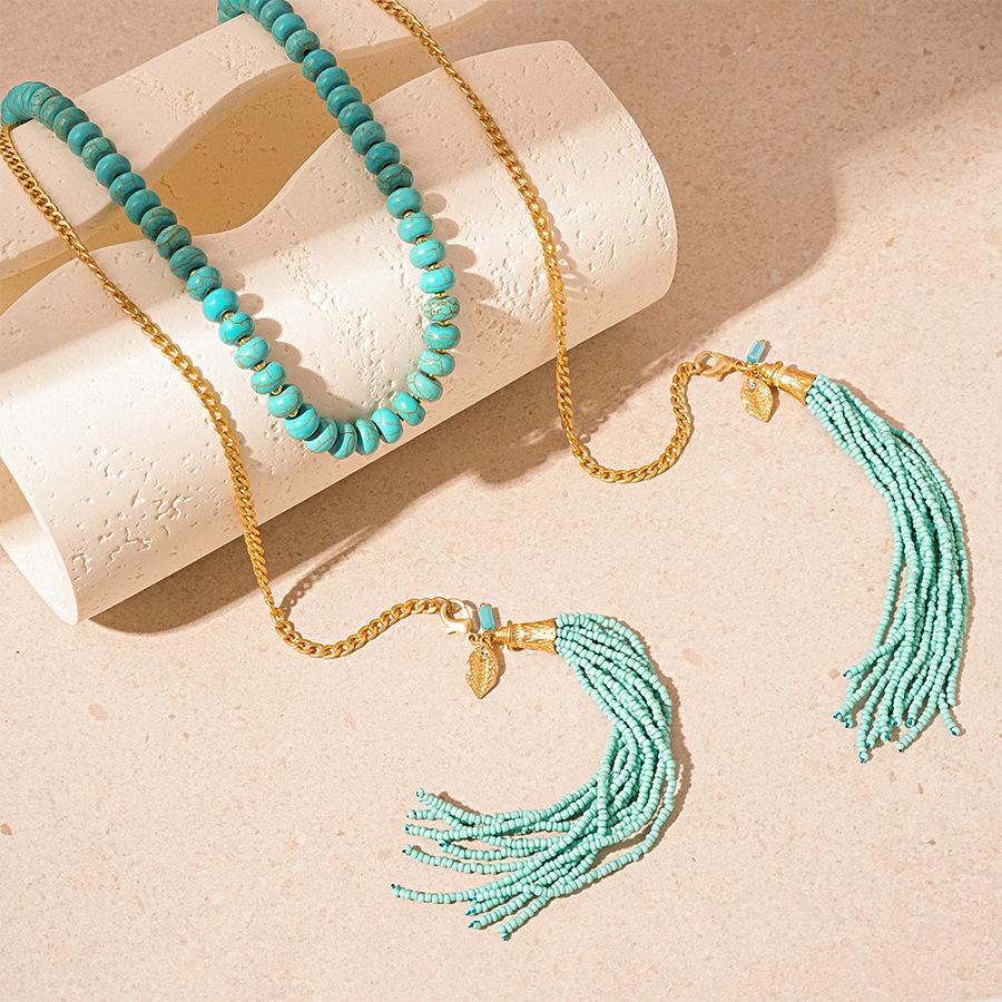 Ethnic Style Artificial Turquoise Beaded Rice Beads Fringed Necklace Temperament Two Wearing Waist Chain Sweater Chain