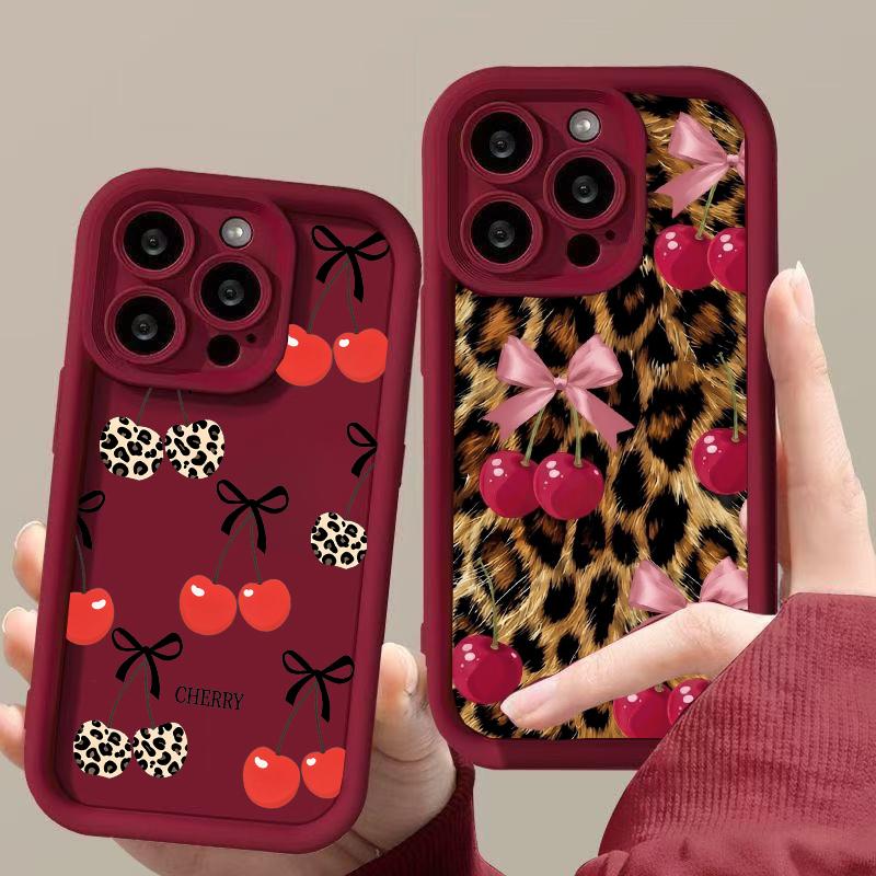 For Samsung Galaxy S22 S23 Plus S21 S20 FE Note 20 Ultra A32 A52 5G A52S A24 A53 A33 A05 A05S Leopard Print Cherry Phone Case