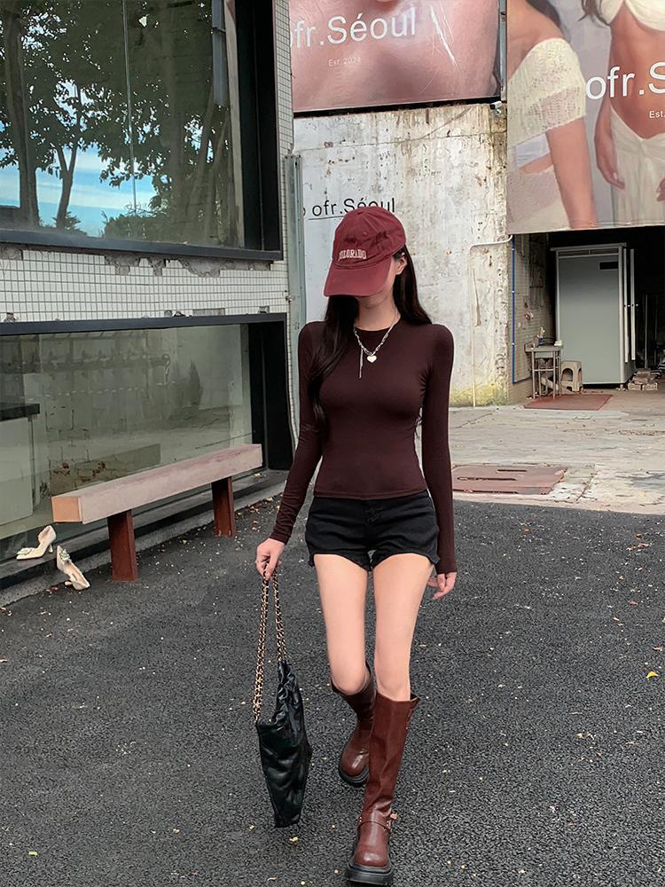 2025 Women's Slim-Fit Waist-Hugging Long-Sleeve T-Shirt – Versatile, Solid Color for Spring and Autumn