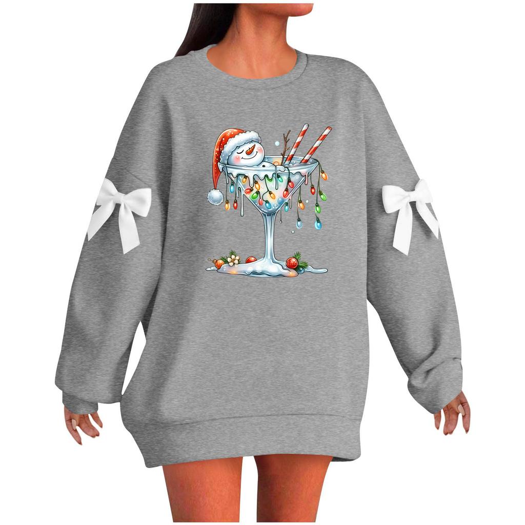 Ladies' Christmas Printed Bow Round Neck Long Sleeved Loose Pullover Sweater Sweatshirt Top
