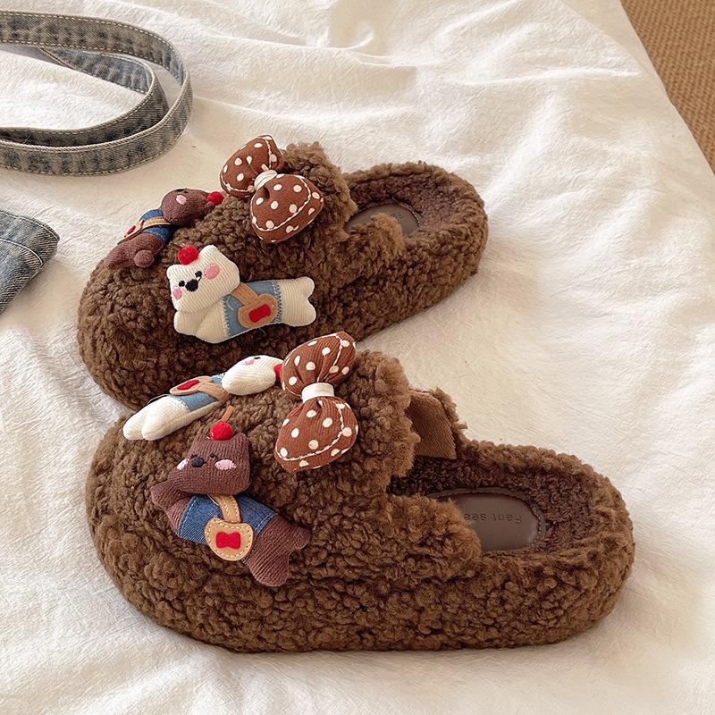 

Пушистые тапочки на толстой подошве для женщин для ношения на улице осенью и зимой 2025 новая модная уличная маленькая булочка плюшевая хлопковая швабра 40 коричневый