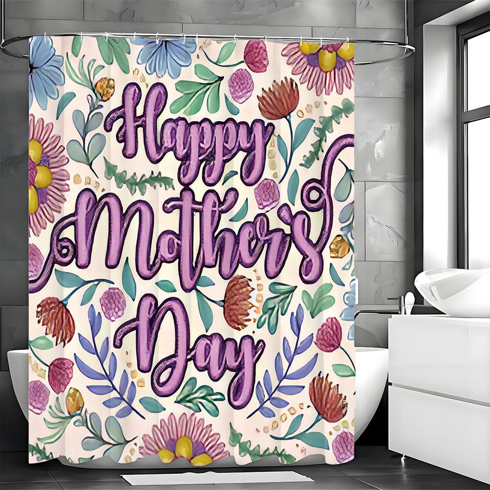 Happy Mother's Day Floral Purple Shower Curtain, Bathroom Decorative Shower Curtain, Waterproof Shower Curtain with Hooks