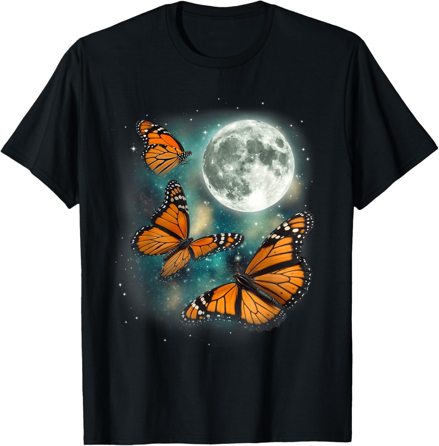 Monarch Butterflies Full Moon Night Sky Graphic T-Shirt Cool Celestial Print Tee S