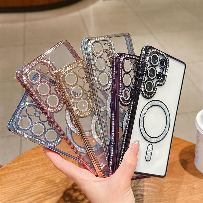 Glitter Magnetic Diamond Frame Cover for Samsung Galaxy S25 Ultra S24 FE A56 A36 A26 A16 A55 A35 A25 A15 A54 Case iPhone 16 15 Plus 14 13 Pro Max Case