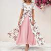 women's v neck lace short sleeve floral print overlay split maxi a line dress elegant wedding guest long gown