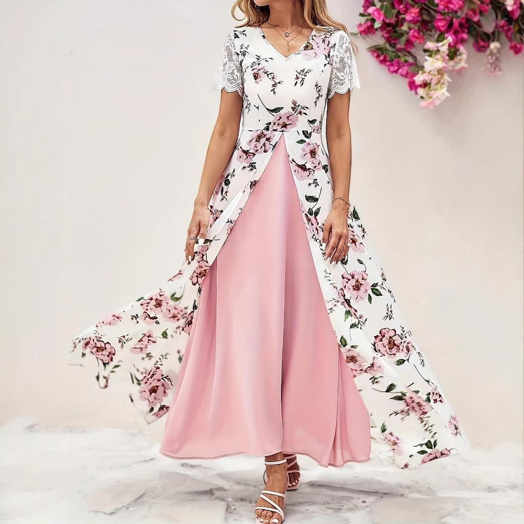 women's v neck lace short sleeve floral print overlay split maxi a line dress elegant wedding guest long gown