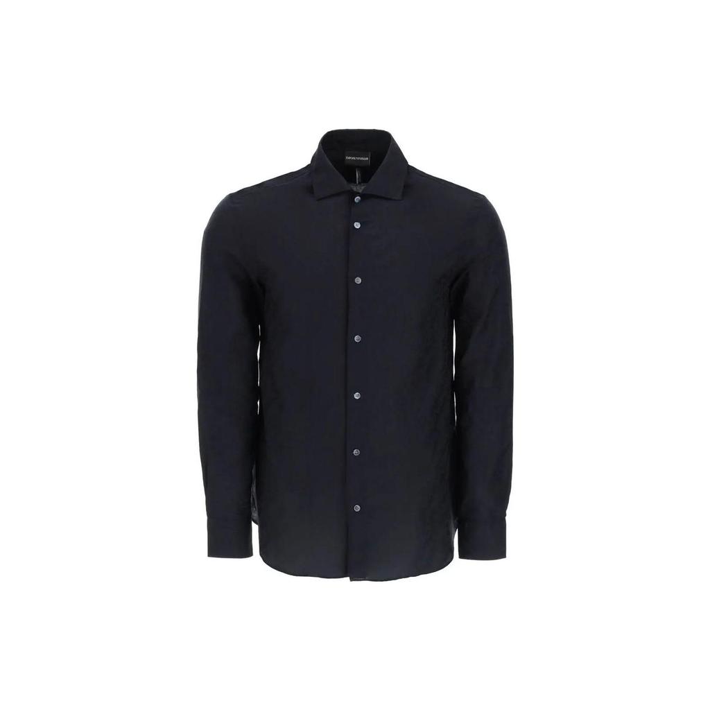 Emporio Armani Solid Color Button-Down Long Sleeve Shirt Men Shirts Midnight-Blue 3R1C86-1K0DZ-F9B5