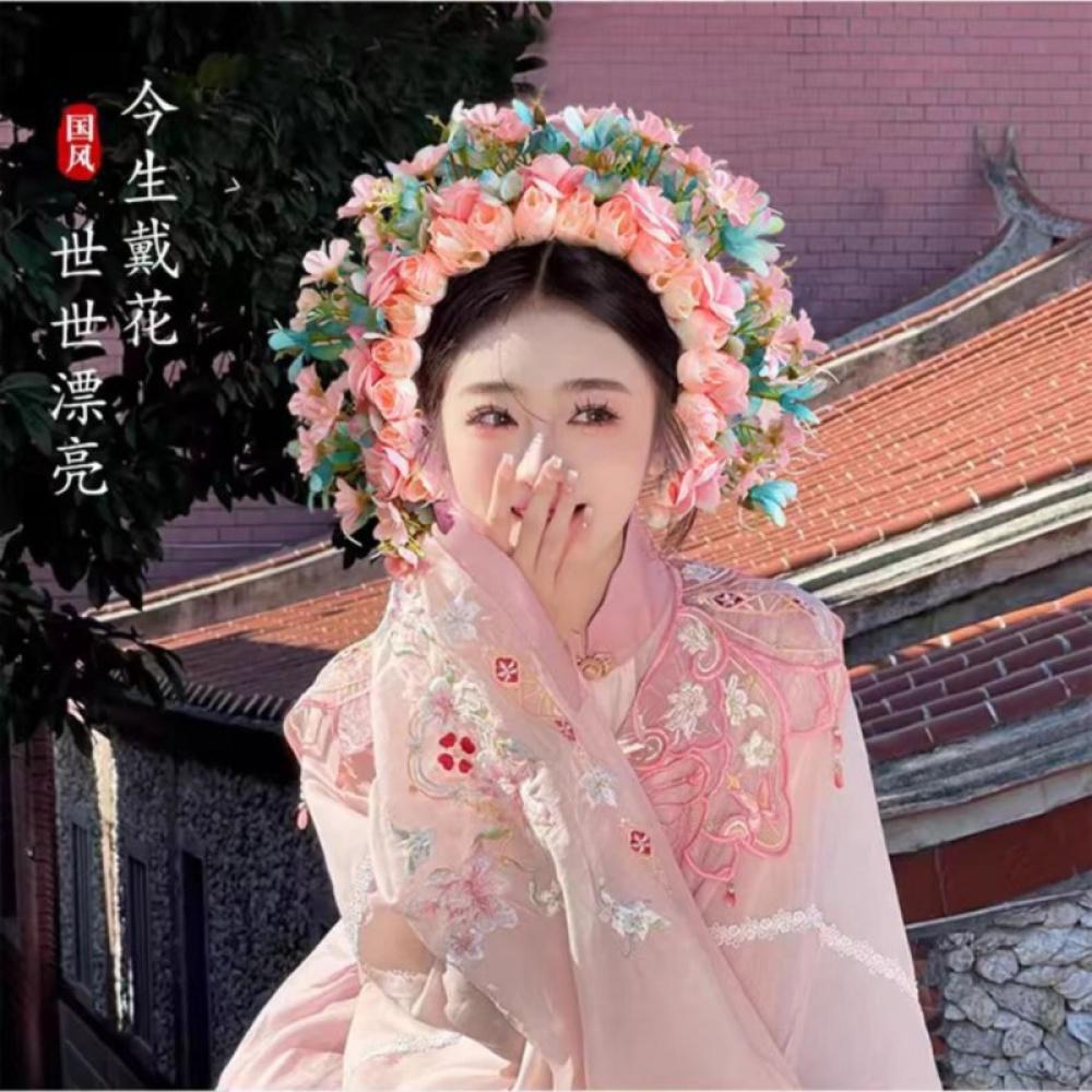 Women Double‑Sided 3D Floral Wreath Headband Elegant Hanfu Hair Accessories for Daily Wear Photo Shooting