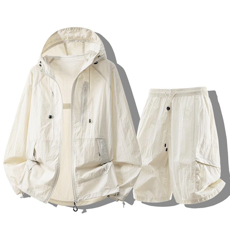 Summer Men Women Sunscreen Twinset Clothing Quick Dry Hooded Top And Shorts Set Hooded Men Women Sun Protection Clothing Suit