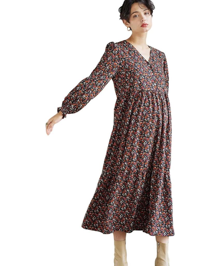 Maternity Volume Tiered Floral Long V Black Floral 10131202 [ANGELIEBE] Dress, Sleeves, Hem, Pattern, Dress, Prenatal, Postnatal, Lined, Sleeve, Neck,