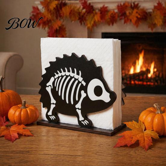 Retro Style Napkins Halloween Wooden Napkin Holder, Ghost Pumpkin Skeleton Cat Bat Tissue Dispenser, Waterproof Gothic Room Decor Tabletop