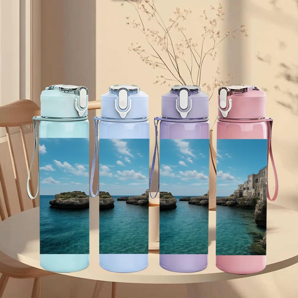 1PC Sea Cliff Blue Ocean Landscape Print 750ml Color Plastic Sports Water Bottle Leakproof Flip Straw Lid Suitable for Sports Office Home Use
